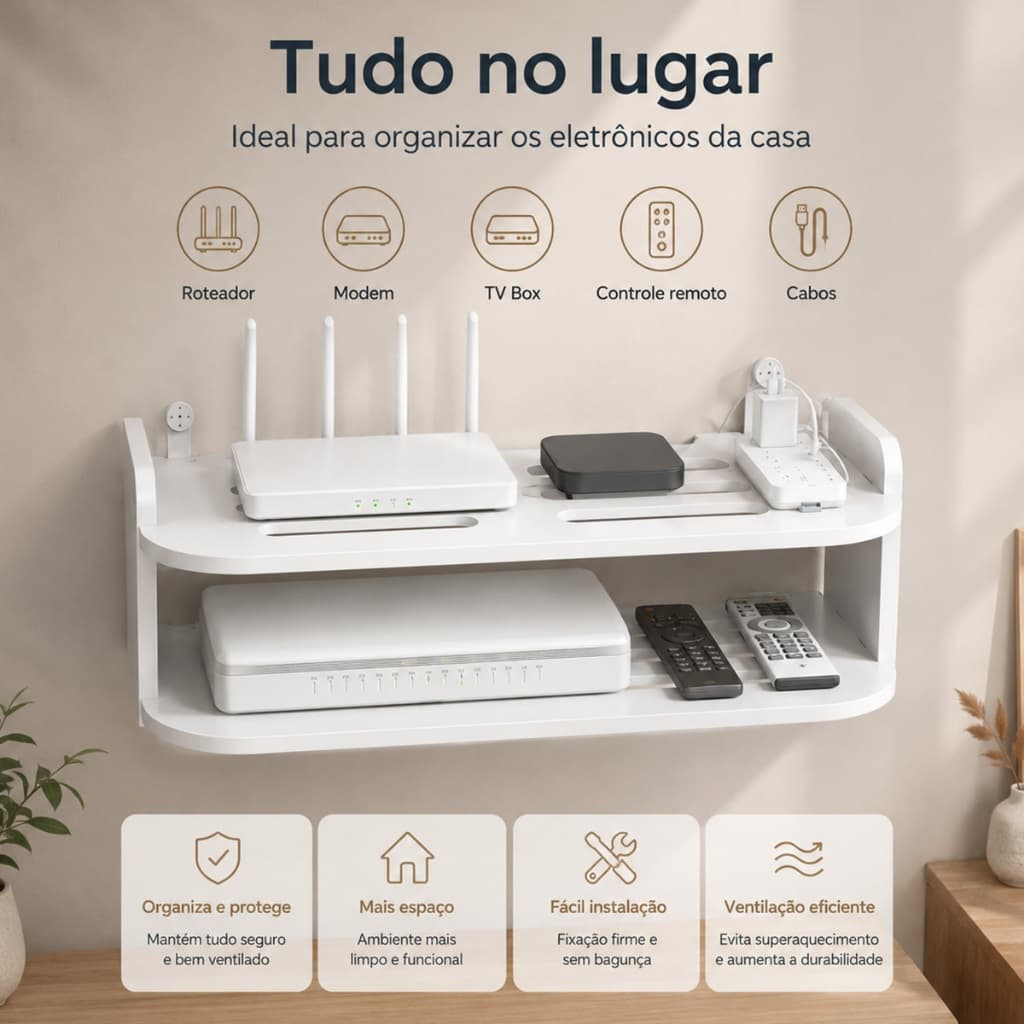 Prateleira MDF de Parede para Roteador, Modem, Aparelho de TV e Videogame com Suporte Invisível