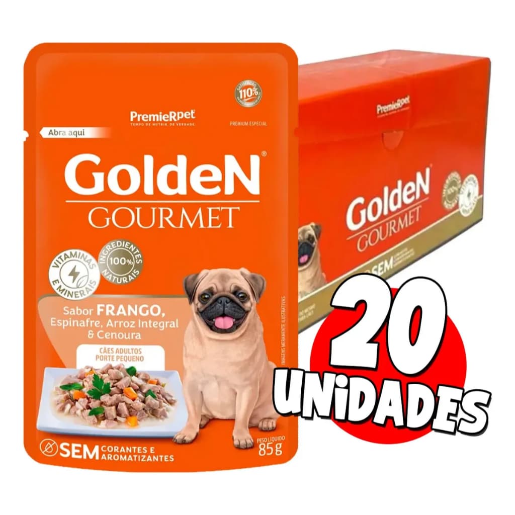 Sachê Golden Gourmet para Cachorro Raças Pequenas Frango ou Carne Caixa 20 Unidades Ração Úmida Cães Premier Pet