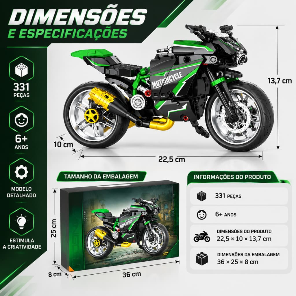 Kawasaki ZX-6R Moto de Blocos de Montar 331 Peças Compatível com Lego Modelo Detalhado Brinquedo Educativo 6+
