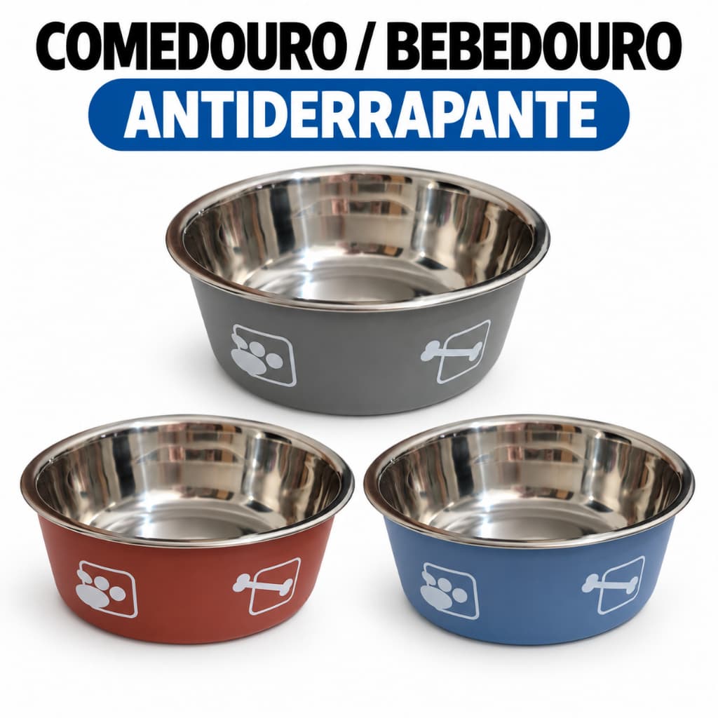 Comedouro Bebedouro Pet Inox 14cm Antiderrapante para Cachorro e Gato Pote para Ração e Água