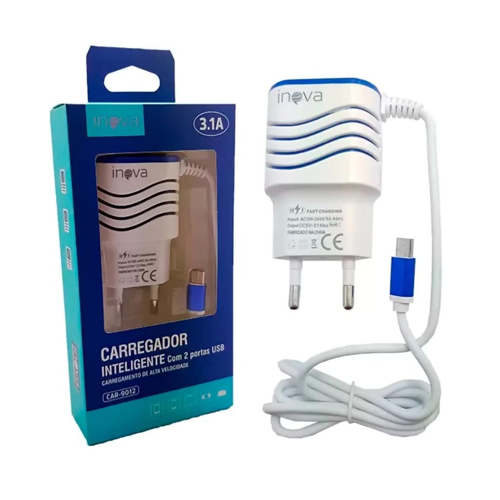 Carregador Inova Turbo 2 Portas Usb E Cabo Fixo V8 CAR-9012