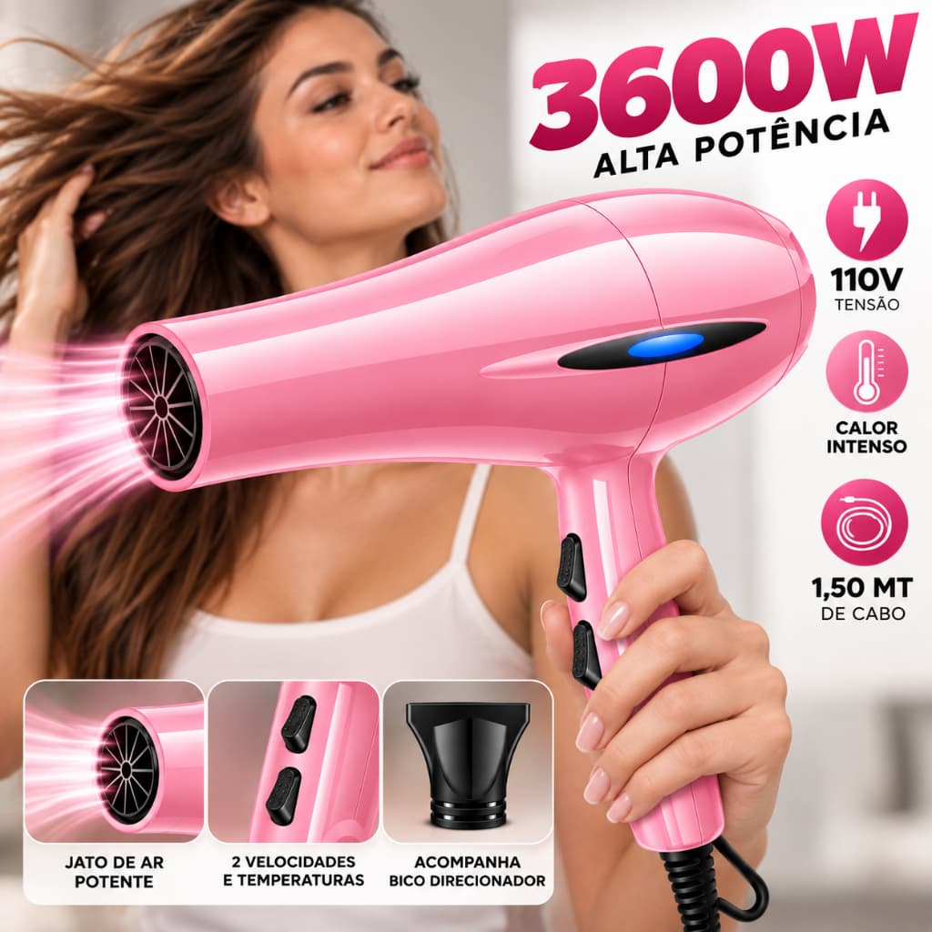 Secador de Cabelo ROSA Profissional 3600W 110V Potente Calor Intenso com Bico Direcionador Rosa