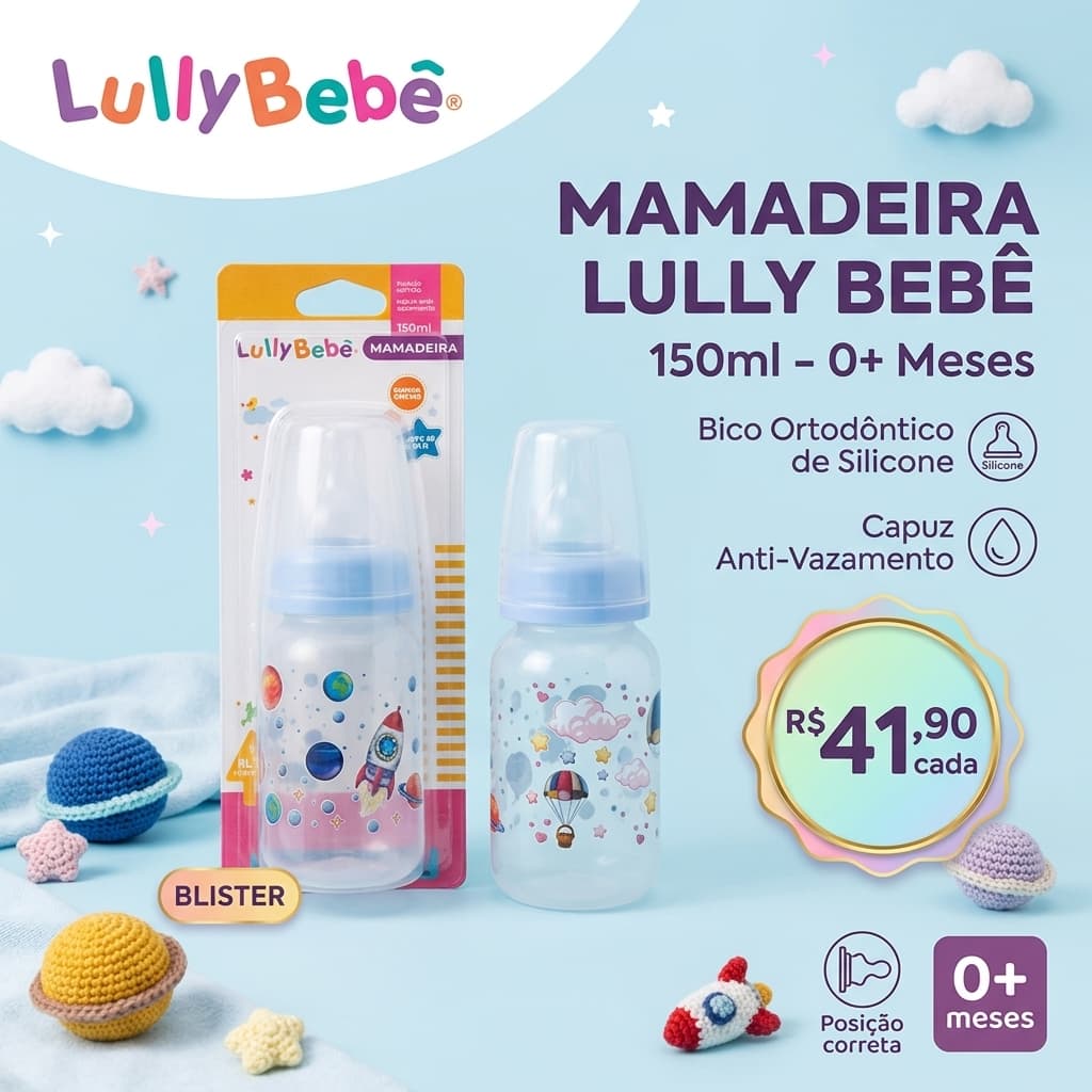 Mamadeira 150ml Bico Ortodôntico de Silicone Lully Bebê (0+ Meses) – Capuz Anti-Vazamento