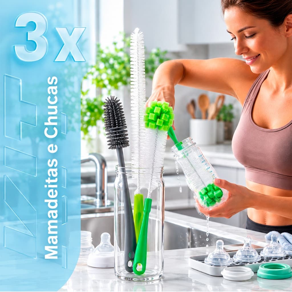 Kit 3 Escovas Lavagem de Mamadeiras/ Chucas/ Garrafas/ Chupetas, Etc.. Esterilização Mamãe Bebê Seguro Lavagem pesada