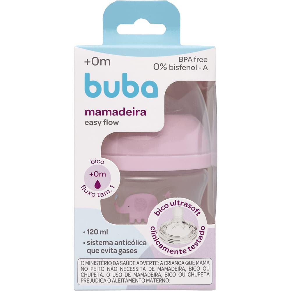 MAMADEIRA ANTICOLICA 120ML EASY FLOW ELEFANTE ROSA BUBA BEBÊ