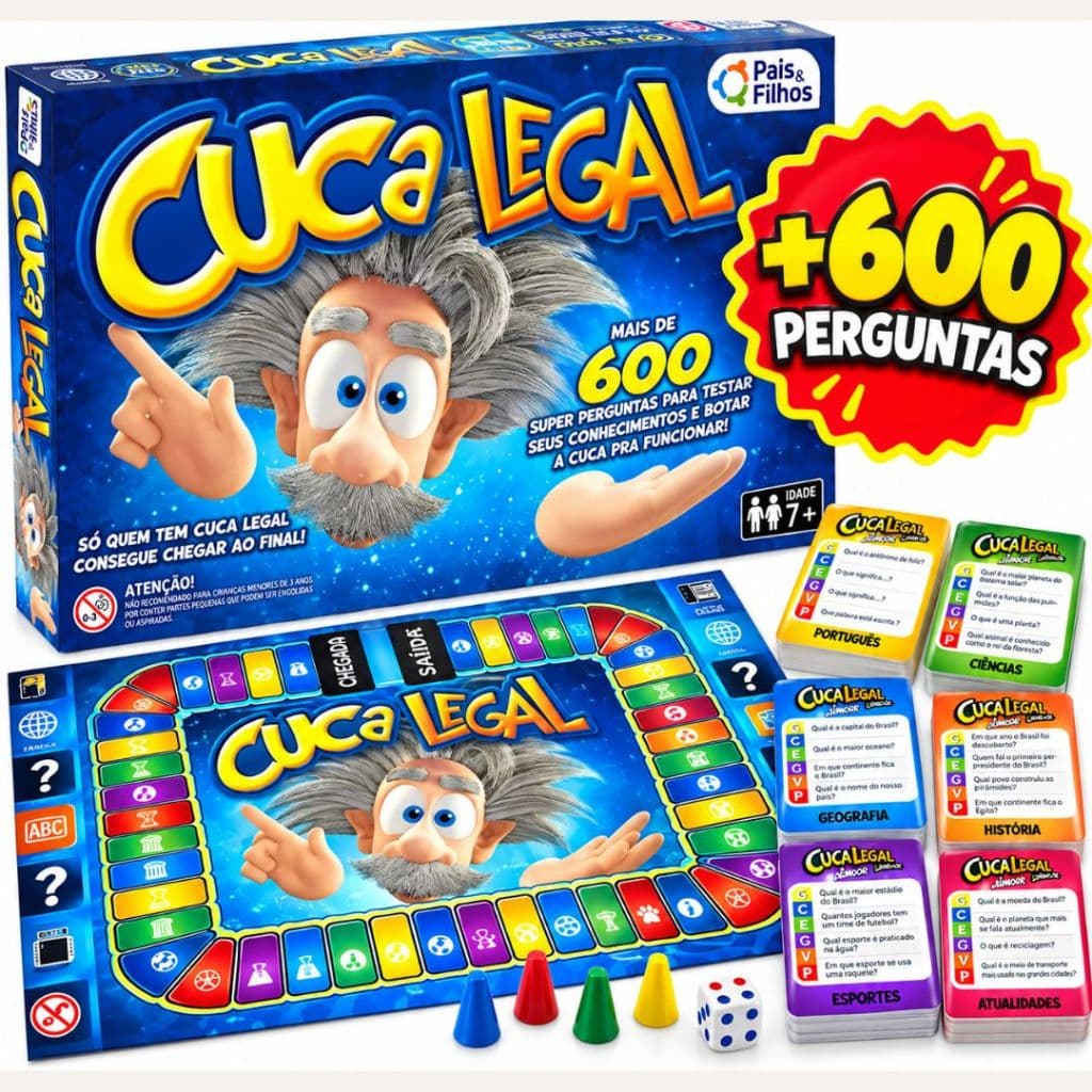 Jogo de Tabuleiro Cuca Legal Educativo +600 Perguntas e Respostas Conhecimento Criança Família 7 Anos Pais e Filhos