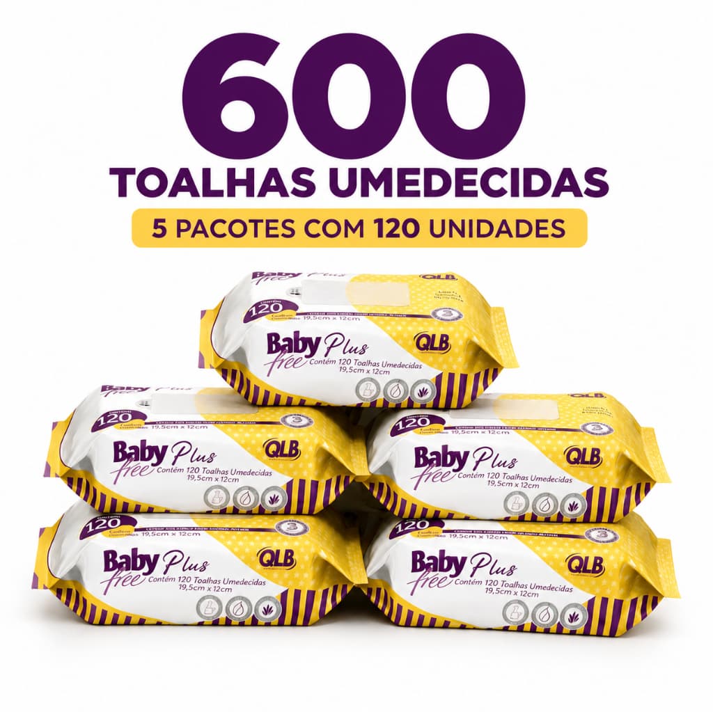 Caixa com 5 Lenços/Toalhas Umedecidas Baby Free Plus c/ 120 Unidades Cada - Sem Tampa FlipTop