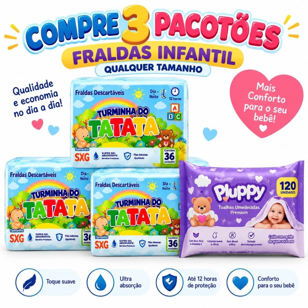 3 Pacotões Fraldas Infantil (Qualquer Tamanho) P- 120 un / M- 120 un / G- 120 un / GG- 114 un / XXG - 108un + 100 un Toa