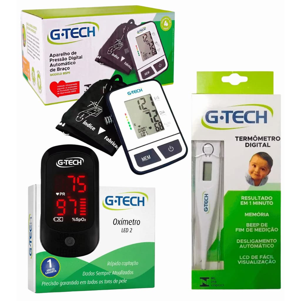 Kit Saúde e Enfermagem Original G-TECH Combo 3 Em 1 Aparelho Pressão Automatico de Braço + Oxímetro + Termômetro Digital