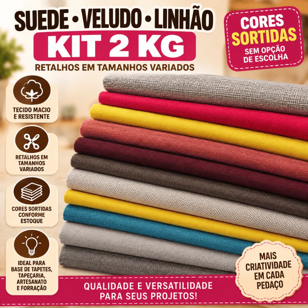 Kit 2kg Retalhos de Suede Veludo e Linhão | Tecidos Sortidos para Artesanato Base e Tapetes