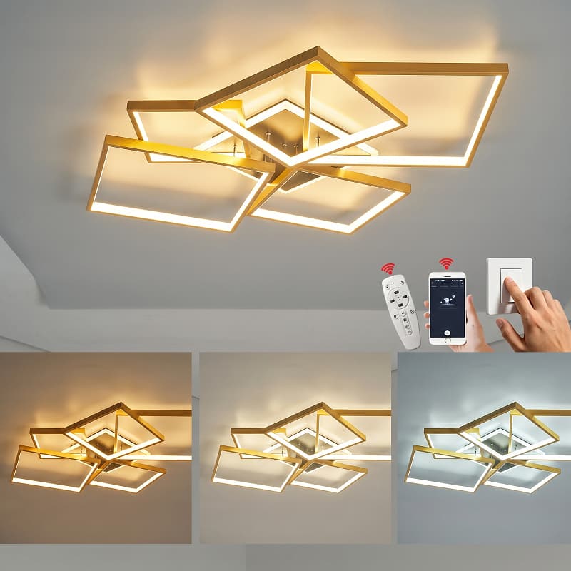 Luminária de teto quadrada dourada. 3/5 molduras com LED regulável. Luminária moderna para sala de estar e quarto