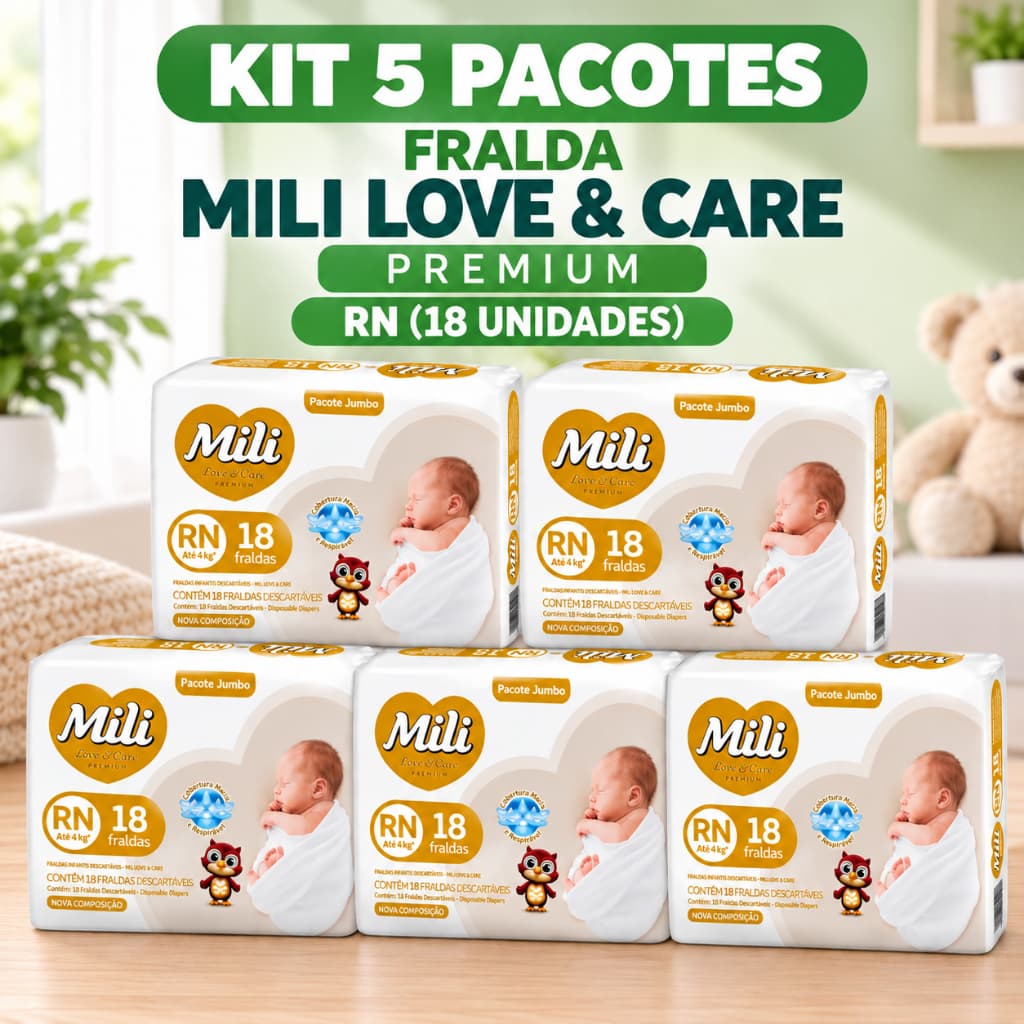 Kit 5 Fraldas Descartavel Bebê Recém Nascido Mili Love & Care Premium RN Total de 90 Fraldas