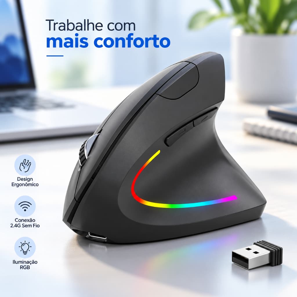 Mouse Vertical Ergonômico Sem Fio Recarregável Bluetooth  Silencioso para PC Notebook