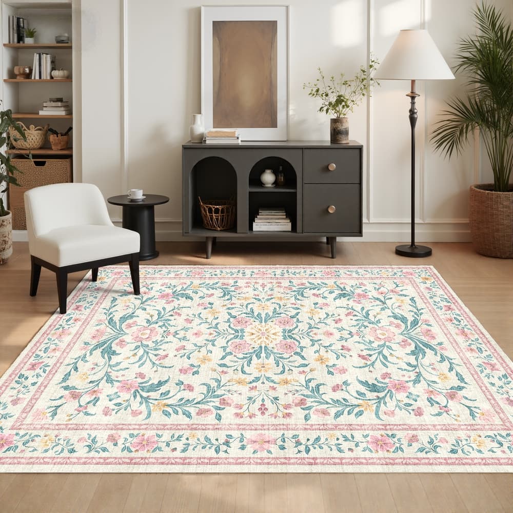 Tapete Sala Quarto 1,00x1,40 Floral Antiderrapante Lavável Macio Aveludado Estampado Decorativo Abelle Casa