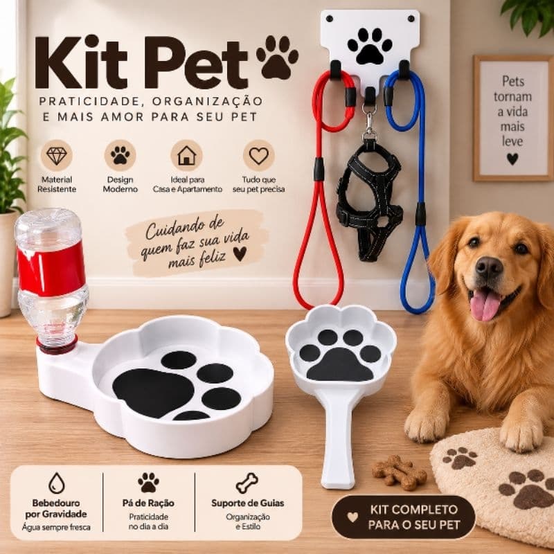 Kit Pet Completo 3 Peças–Bebedouro por Gravidade+Pá de Ração+ Suporte de Parede para Guias e Coleira – Cachorros e Gatos