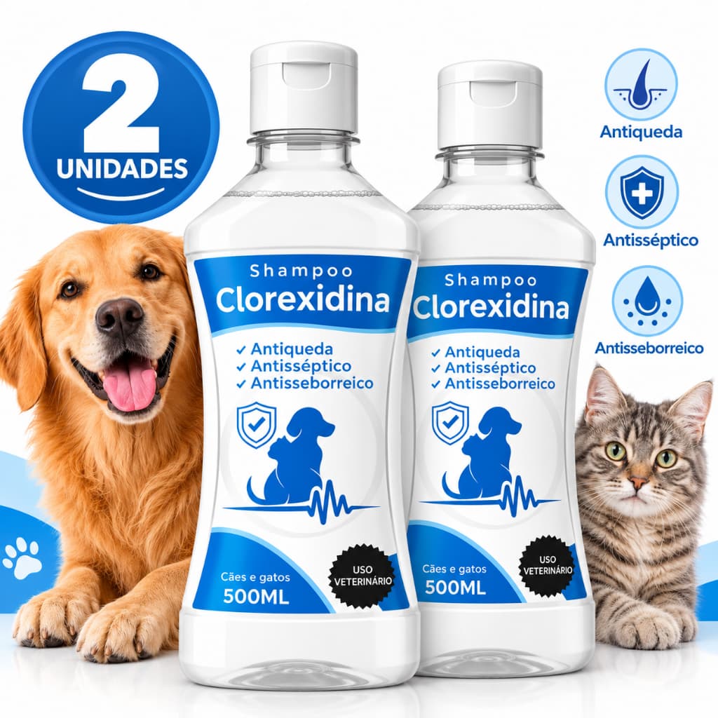 Kit 2 Shampoo Clorexidina 5 em 1 500ml Trata Dermatite e Coceira em Cães e Gatos