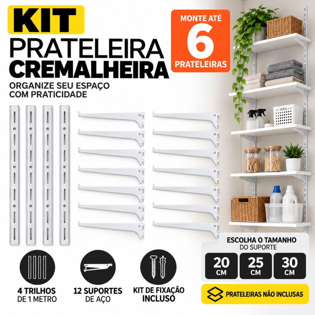 Kit Trilho Para Prateleira Industrial de Parede Ajustável. 4 Trilhos Cremalheira  com 12 Suportes.
