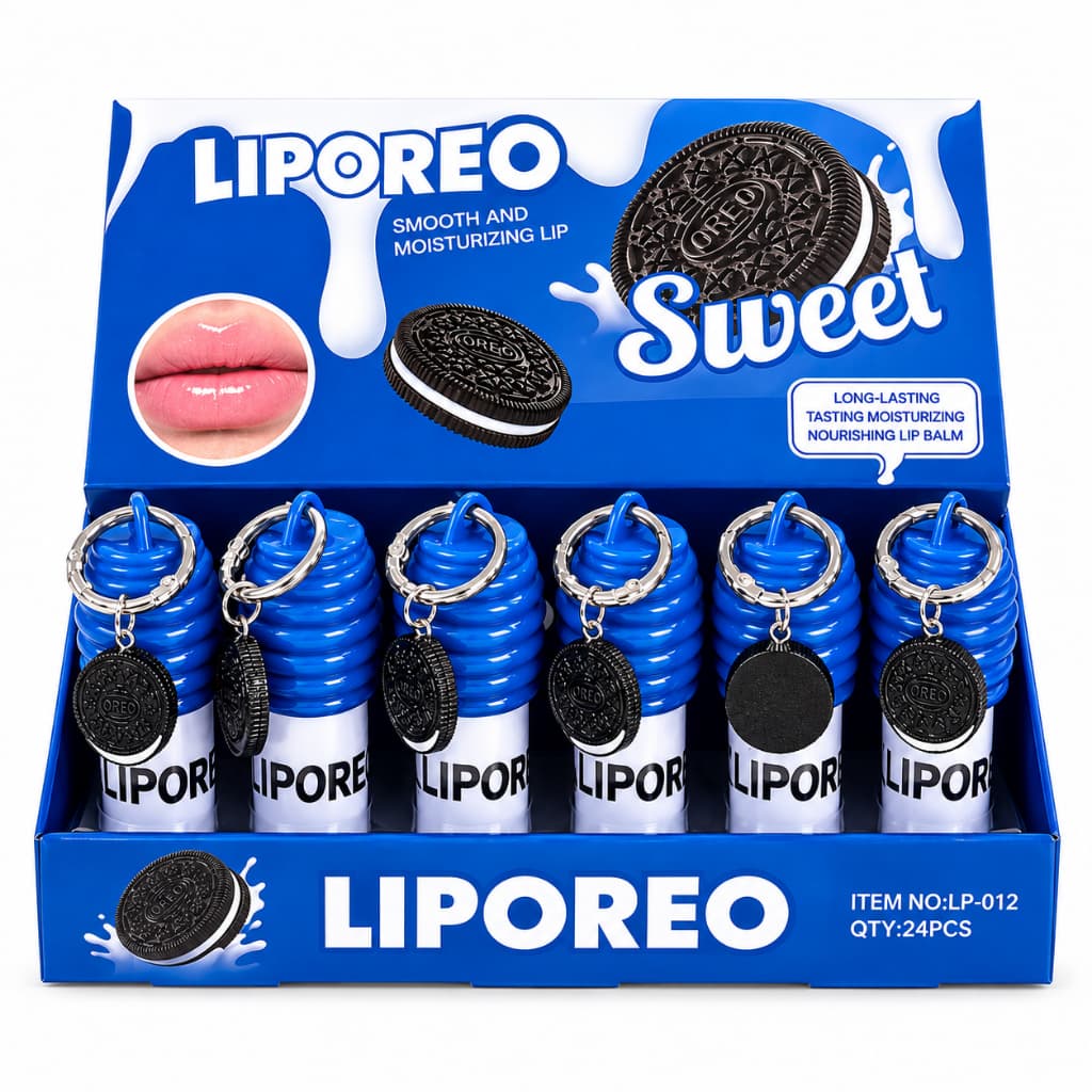 Lip Gloss Chaveiro Liporeo Oreo Hidratante Labial Brilho Intenso Sabor Chocolate Importado Box 24 unidades