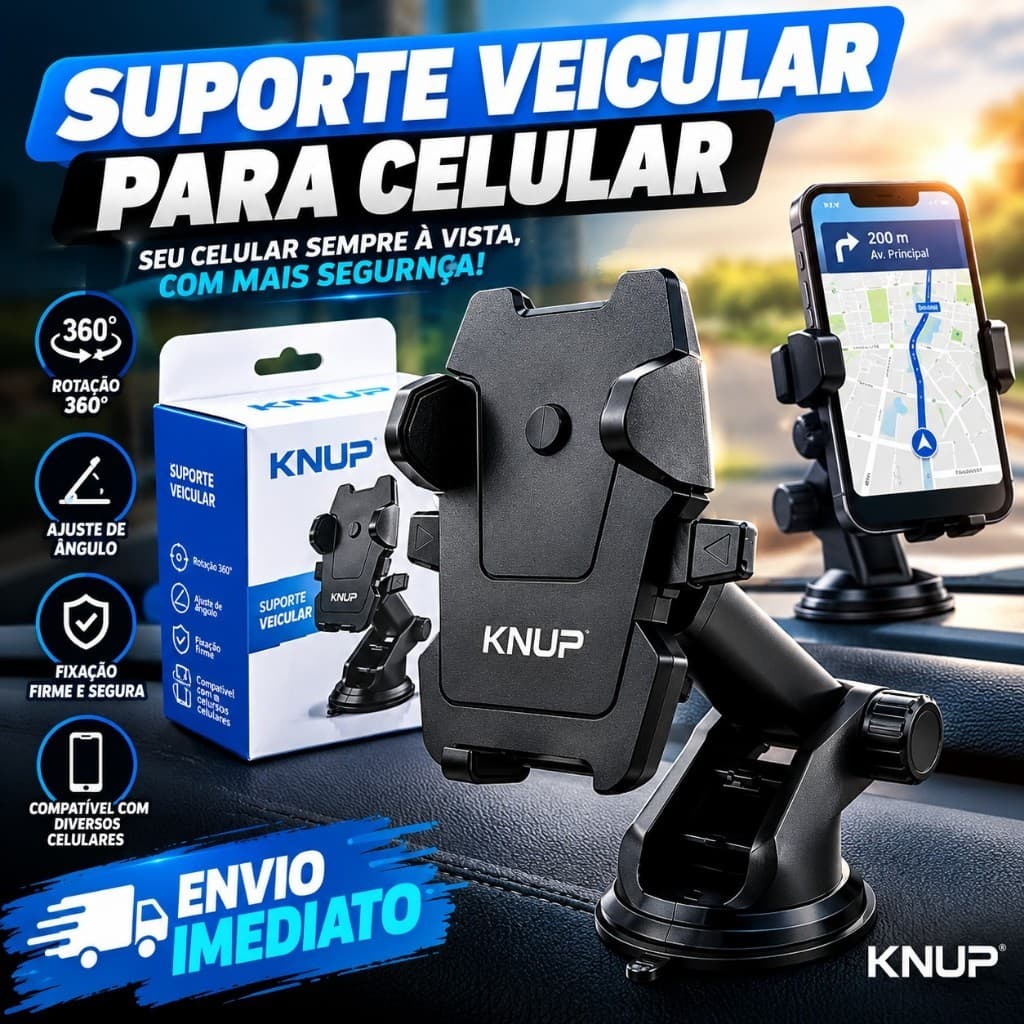 **Suporte de Celular para Carro Knup KP-SP005 Veicular Universal com Ventosa Ajustável Giratório 360° Painel Parabrisa**