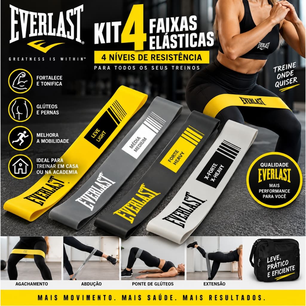 Kit 4 Mini Band Everlast Faixa Elástica Treino Pernas Academia Pilates Musculação 4 Tensões Leve Média Forte e Extrafort