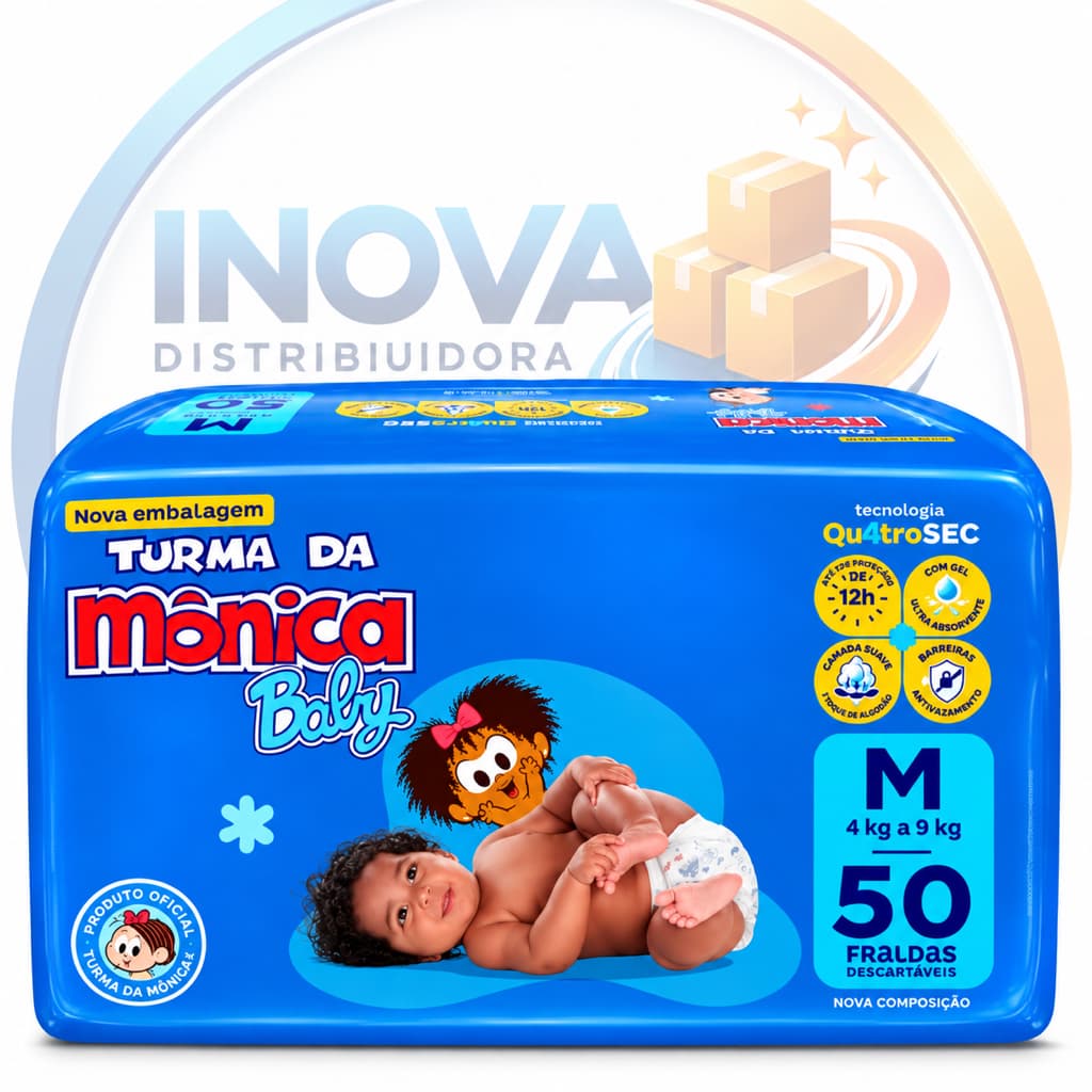 Fralda Infantil Turma da Mônica Baby Tamanho M 50 Fraldas Descartáveis 4 a 9 Kg