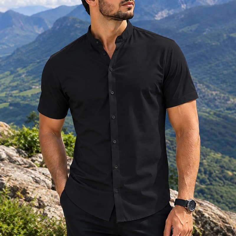 Camisa Social Masculina Gola Padre Manga Curta Slim Fit Lisa Casual Premium
