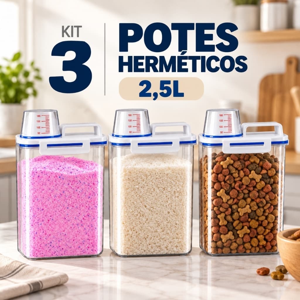Kit 3 Potes Herméticos 2,5L Bico Dosador Copo Medidor Multiuso Dispenser Organizador de Cozinha