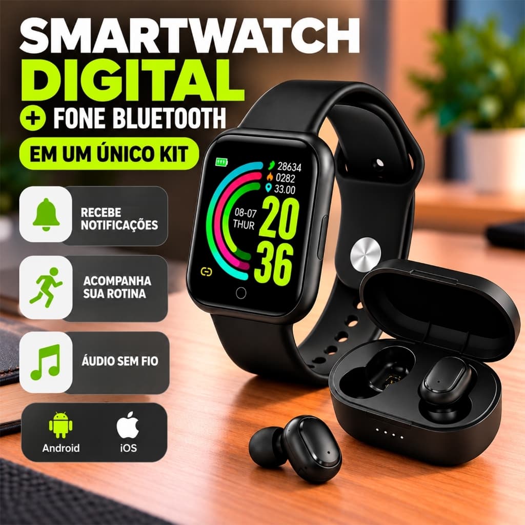 Kit Relógio Smartwatch Inteligente Digital Unissex + Fone De Ouvido Sem Fio Bluetooth
