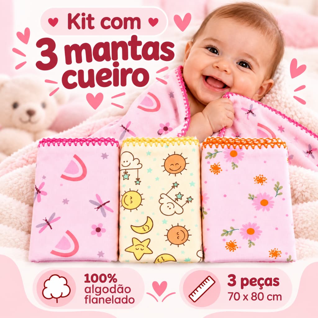 Kit 3 Mantas Cueiro Bebê Flaneladas Estampadas 100% Algodão 70x80cm Enxoval Recém-Nascido Menina