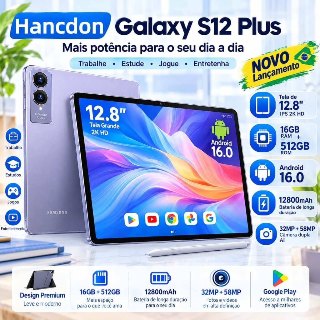 【Frete grátis】Tablet Galaxy Android 16 S12 Plus 12.8" 16GB+512GB 12800mAh Câmera 32MP+58MP Kit Completo 1 ano de garanti