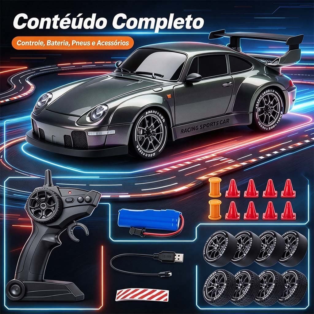 Carrinho RC 4x4 Drift 20km/h Controle Remoto 2.4G Recarregável com Rodas Extras e Luzes LED