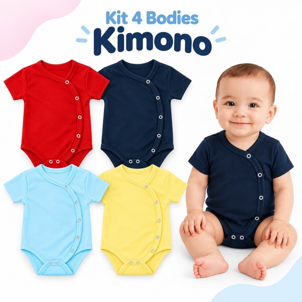 Kit 4 Body Kimono Bebê Infantil Suedine Manga Curta Verão Menino Menina 100% algodão 0 á 12 Meses Enxoval