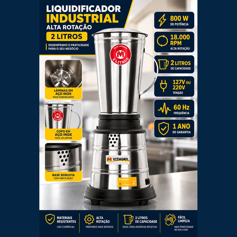 Liquidificador Industrial Alta Rotação 2 Litros 800w 60hz 18.000 RPM - 1 Ano de Garantia - Potente e Forte