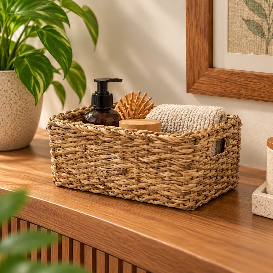 Cesto Organizador Retangular Em Fibra Natural Seagrass Para Sala Quarto Banheiro Ou Lavabo