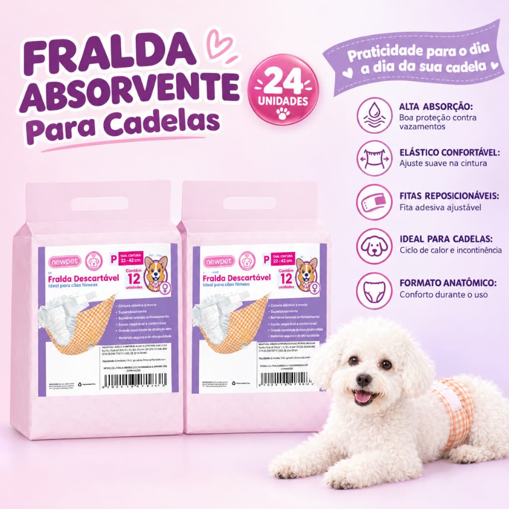Newpet Fralda Descartável para Cachorra Fêmea Anti-Vazamento Cuidado do Cio 24 Unidades Tamanhos PP/P/M/G