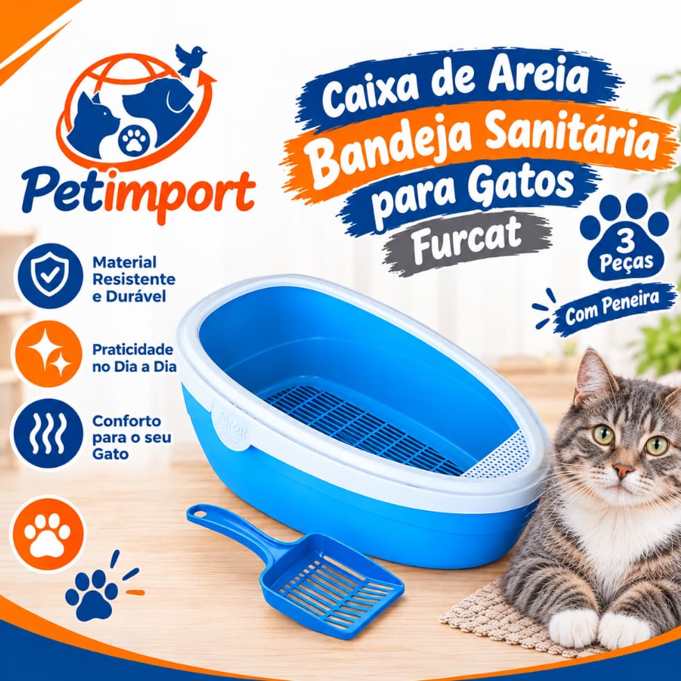 Caixa De Areia Bandeja Sanitária Para Gatos Furcat Azul 3 Peças Com Peneira - MMA