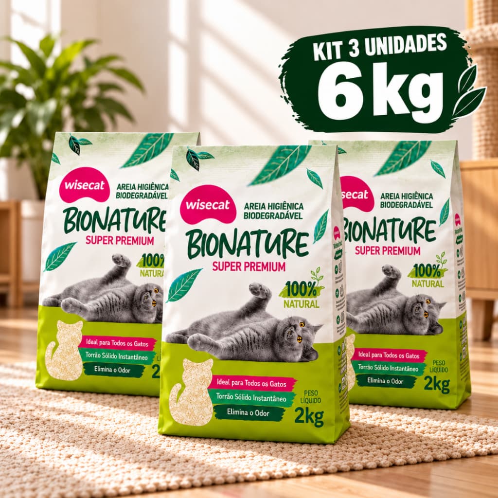 KIT 3 Areia Sanitária Higiênica para Gatos Mandioca Premium Natural Biodegradável Wisecat 2KG