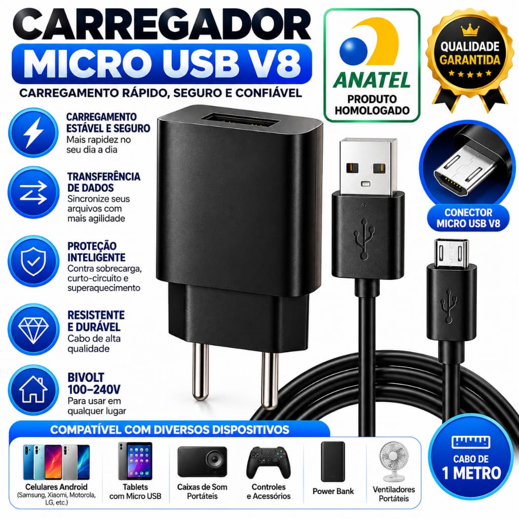 Carregador Entrada V8 Completo Cabo e Fonte Turbo 50W V8 Micro-USB Cabo Reforçado Para Celular e Tablet Android