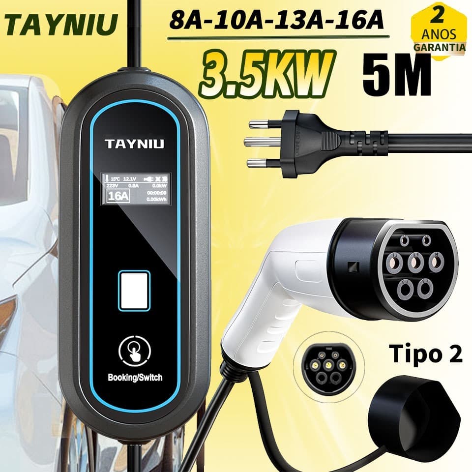 TAYNIU Carregador Veicular Portátil 3.5KW Tipo 2 Plug and Play 8A-16A EV Carregador Elétrico 20A Caro