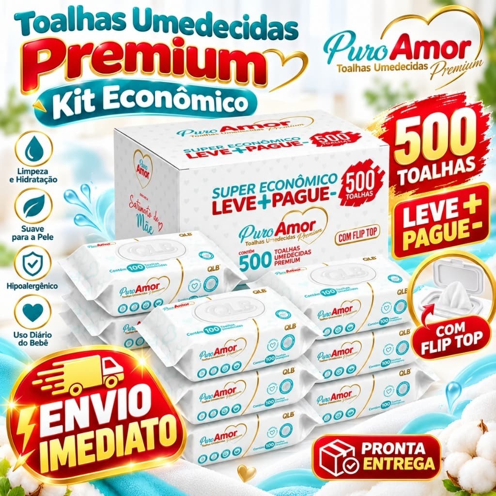 Toalha Umedecida Puro Amor 500 Un Premium para Bebê com Flip Top Caixa Econômica Lenço Infantil Atacado