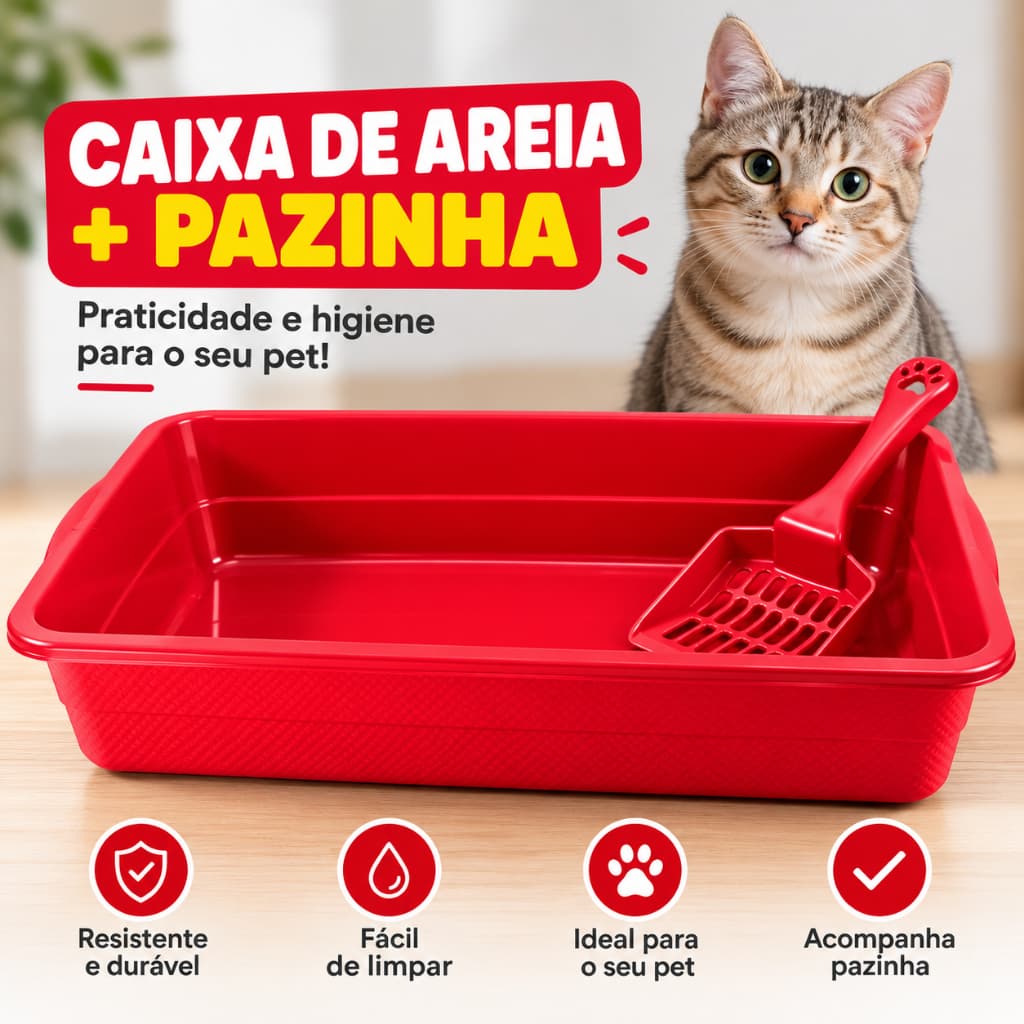 Kit Banheiro para Gatos Caixa de Areia Sanitária com Pazinha Higiênica Bandeja Plástica para Gato Pet Fácil Limpeza