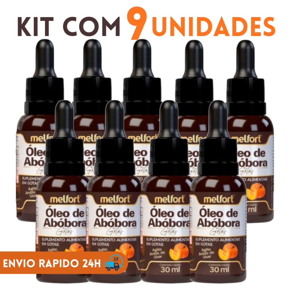 KIT C/ 9 Óleo de Abóbora Gotas 30ml Melfort | Vitamina E Suplemento Alimentar