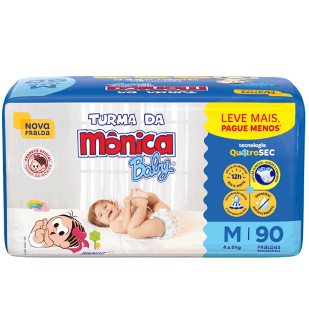 Fraldas Descartaveis Turma da Mônica Baby  M (4 a 9 kg) 90 Fraldas Pacotão Econômico