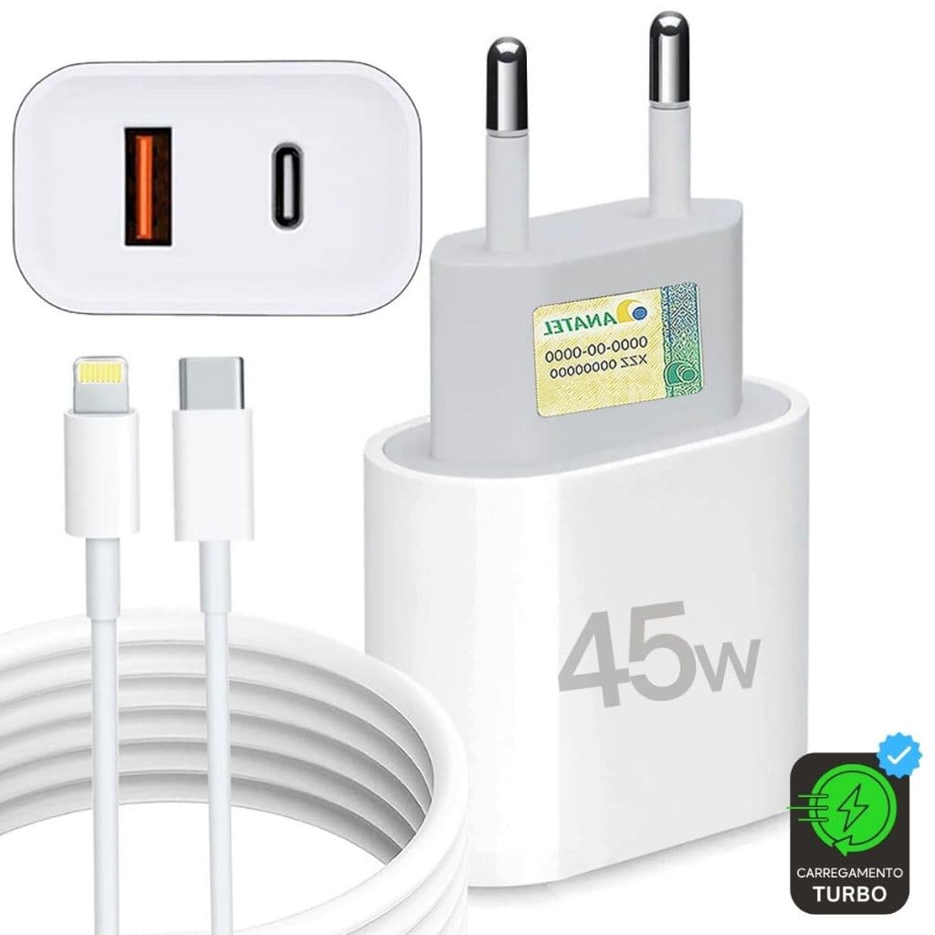 Kit Carregador iPhone Turbo 45W 2 Entradas USB e USB-C + Cabo Ultra Rápido 6 7 8 X XR XS 11 12 13 14