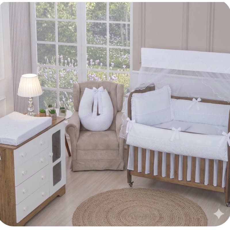 Kit Berço 10 Peças Palha Real Com Ou Sem Pérolas + Trocador E Almofada Amamentação Enxoval Quarto Bebê Luxo