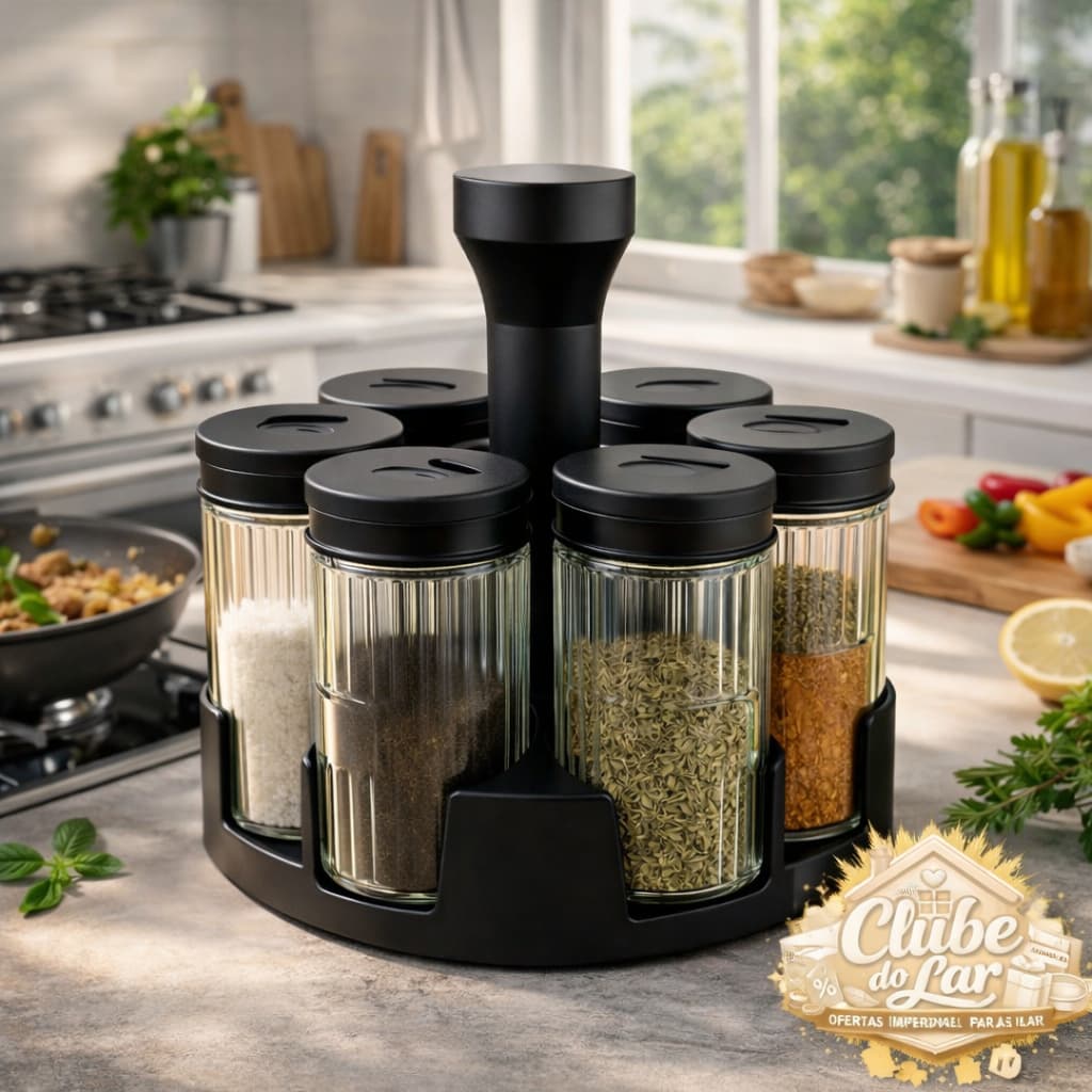 Porta Tempero e Condimento Giratório Com 6 Pote de Vidro 85ml Para Cozinha Moderno Luxuoso