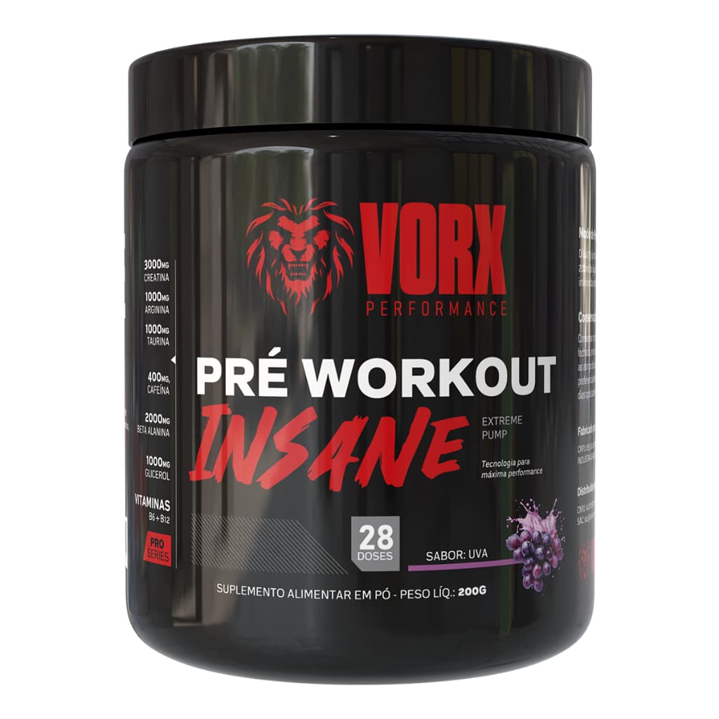 Pré Treino Insane 200g Rende 28 doses Vorx - Pré Workout com 400mg de cafeína, Creatina e Colostro Bovino - Venon Evora