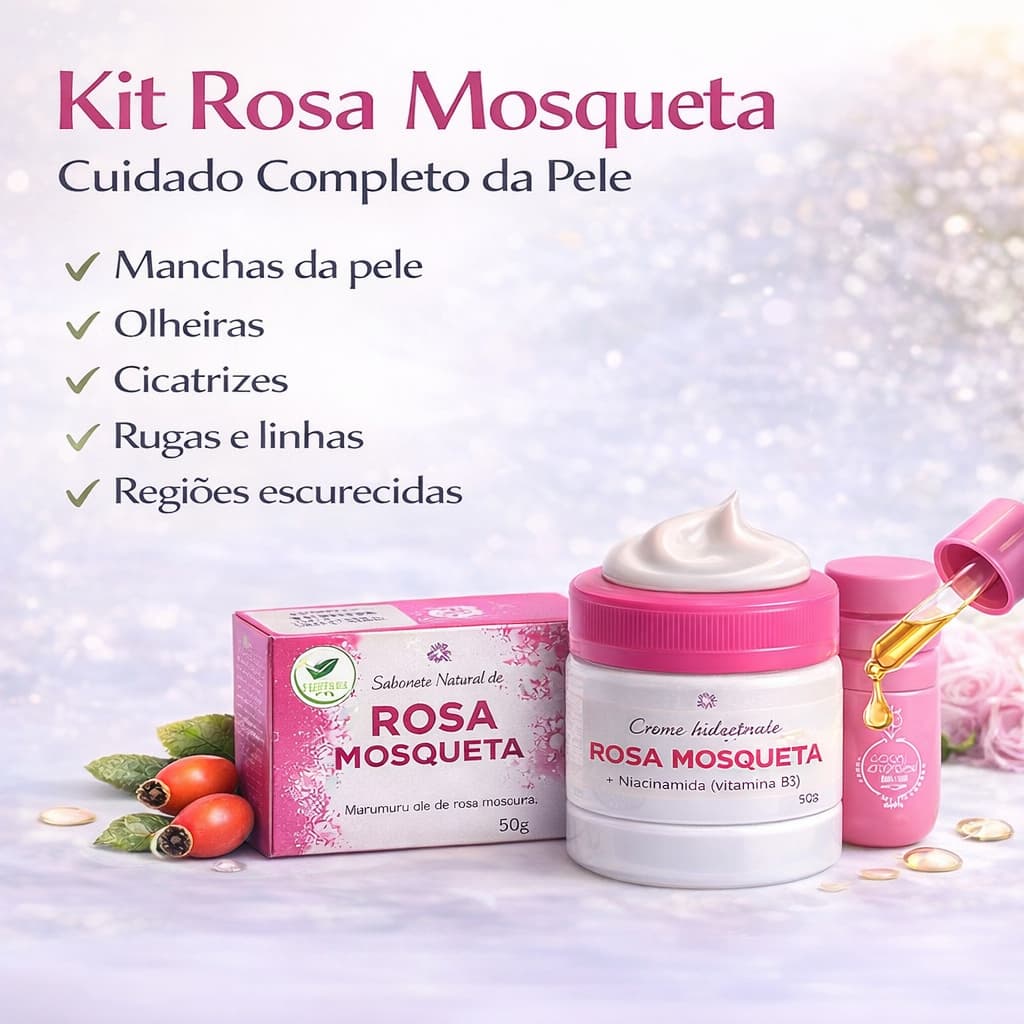 Kit Rosa Mosqueta sabonete+creme+oleo S clareador anti-idade para manchas olheiras rugas e cicatrizes