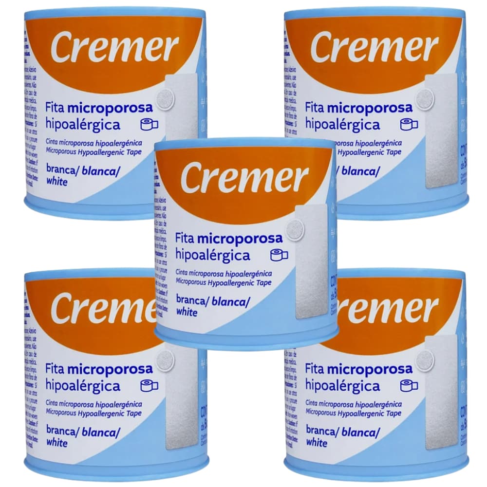 Kit 5 Fita Micropore 5cm x 10m Cremer Branco Hipoalergênica Fita Cirúrgica Para Curativos