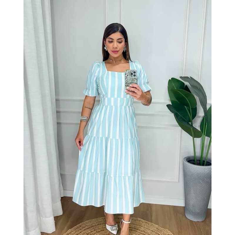 vestido midi vestido listrado manga curto vestido três marias vestido evangélico